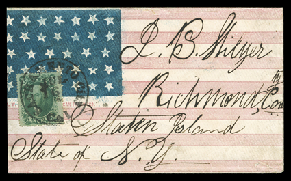 Flag, overall 34 star flag design cover, printed in California by Sullivan, in red, white and blue used to Staten Island, N.Y, with 10c Green, Ty. V (35) tied by bold
Sacramento City, Cal,Jul 16 datestamp, slightly reduced at left, very fine