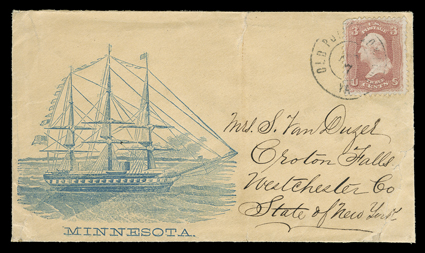 U.S.S. Minnesota, Navy sailing ship design patriotic cover, blue on tan, used to Croton Falls, N.Y. with 3c Rose (65) tied by double circle Old Point Comfort, VaApr 7
datestamp, cover with repaired tears on reverse and at bottom right