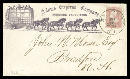 Adams Express CompanyBurnside Expedition, purple four-horse freight wagon Nesbitt design cover to Bradford, N.H. with 3c Rose (65) tied by 1863 town cancel, very fine and
scarce.