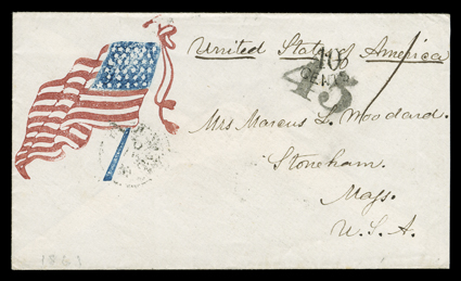 Waving flag patriotic used from Hong Kong, cover to Stoneham, Mass. originating with bold Hong KongSp 11, 61 backstamp, sent via England with small blue LondonNo 1, 61
backstamp, arrived in the U.S. with Boston Br. Pkt.Nov 16 backstamp,