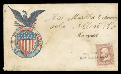 Eagle and Shield, design cover with E. Pluribus Unum imprint used to Iola, Kansas with 3c Rose (65) tied by mostly clear Fort Smith ArkJune 22, 1864 straightline postmark, with
original letter to the writers sister, slightly reduced at rig