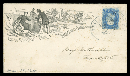 Great Central Fair for the Sanitary Commission, Philadelphia fair design illustrated cover used to Frankfort, Pa. with 1c Blue (63) tied by two strikes Philadelphia, PaMar 18,
64 datestamp, flap unsealed for circular rate, tiny scattered age