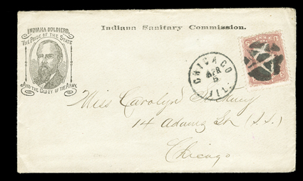 Indiana Sanitary Commission, Oliver P. Morton portrait design cover with the slogan Indiana Soldiers,The Pride of the StateAnd the Glory of the Army. used to Chicago with 3c
Rose (65) cancelled by negative five-point star, matching Chicago,