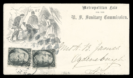 Metropolitan Fairfor theU.S. Sanitary Commission, illustrated New York fair cover sent to Ogdensburgh, N.Y. with two 2c Black (73, one torn) tied by double circle New YorkMar
19, 1864 datestamps, cover with two tears at base, very fine use