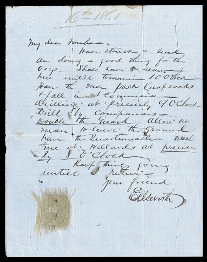 Ellsworth, Elmer,Q Exceedingly rare war-date, military Autograph Letter Signed Ellsworth, 1 page, 4to, [Washington], [May] 16, 1861 (though only 16th 1861 is written on the
sheet). He writes to his second-in-command, Lt. Col. Noah L. Fa