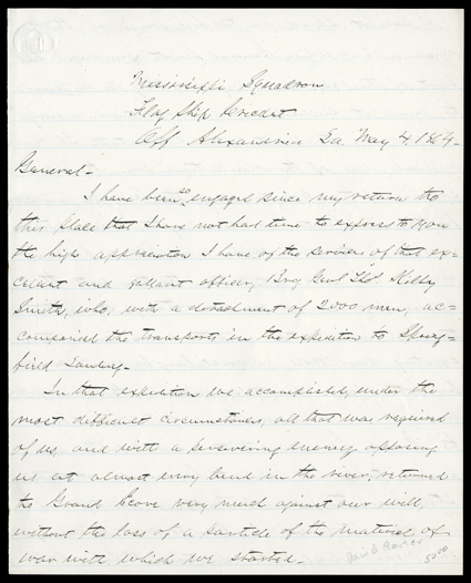 Porter, David Dixon, Rare content war-date Autograph Letter Signed David D. Porter  Rear Admiral, 5 pages, 4to, Flag Ship Cricket  Off Alexandria La., May 4, 1864. Just ten
days after his ship was nearly captured in the Mississippi
