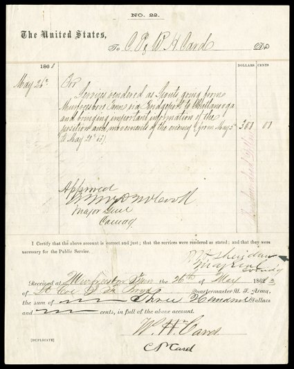 Sheridan, Philip H., War-date Document Signed “P.H. Sheridan  Maj. Genl. Comd’g,” 1page, 4to, no place (Tennessee), a partly printed pay order in the amount of $300 to W.H. and
C.P. Card for their “Services rendered as Scouts going from Mu
