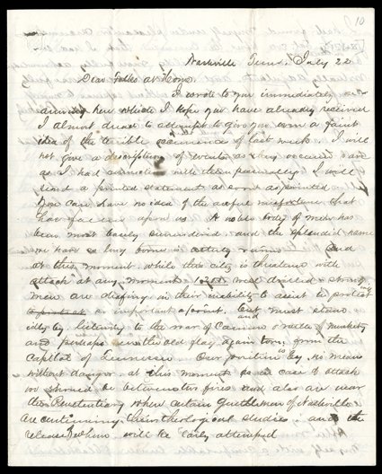 [Murfreesboro] Great content soldiers letter by William D. Hale, a Union soldier, who writes his family from Nashville, TN on July 22, 1862, nine days after the (First) Battle
of Murfreesboro. He informs them that an awful misfortune...has be