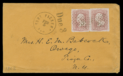 Fort Pickens, Florida, two covers, one to Trenton, N.J. endorsed U.S. Steam Frigate ColoradoOff Fort Pickens Florida and Ship Letter with blue straightline SHIP handstamp from
Key West and pencil 3 cts due, the other to Owego, N.Y. w
