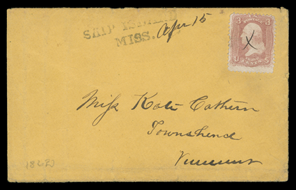 Ship Island, Mississippi, two covers with enclosures, one with a straightline SHIP ISLANDMISS. and manuscript April 15 date on cover with 3c Rose (65) with ms. X cancel and
with original letter from a soldier datelined Ship Island April