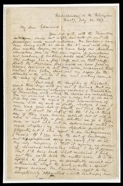[Bayard Taylor Correspondence] A group of correspondence featuring 18 Autograph Letters Signed by popular 19th century travel author Bayard Taylor, 1862-78, the large majority
to his sister, Emma Taylor Lamborn, who married Civil War veteran Char