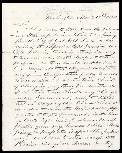 Davis, Jefferson His Autograph Note Signed Jeffer: Davis  Sec. of War on blank integral leaf of an April 18, 1854 letter to the War Department A.W. Bobbitt regarding the Report
of Capt. [J.W.] Gunnison and Capt Morris, touching their Su