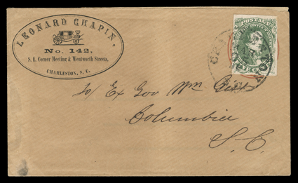 Confederate Advertising Cover, Charleston, S.C.Mar 25 mostly clear datestamp tying 5c Olive green, Stone A (1c) affixed over the indicia of obsolete 3c Red on buff Nesbitt
entire used to Columbia, S.C., buggy illustrated corner card of Leonard