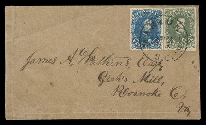 Confederate Mixed Issue Franking, Marion C.H., S.C.Ap 24 well struck datestamp tying 5c Olive green, Stone A (1c) first color, in combination with 5c Blue, Stone 2 (4), both
with large even margins all around, to brown homemade cover used to G
