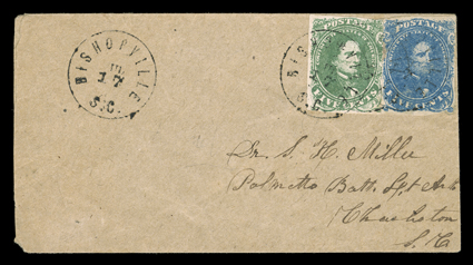 Confederate Mixed Issue Franking, Bishopville, S.C.Jul 17 datestamp struck three times tying 5c Green, Stone 1 (1) together with 5c Blue, Stone 2 (4), both stamp with ample
margins to just touching, to buff cover addressed to a doctor of the P