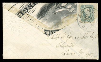 Confederate Adversity Cover, Richmond, Va.Dec 12 datestamp ties 10c Blue, Die B (12), ample to large margins, to adversity cover made from sailing ship illustrated insurance
company policy addressed to Tolersville, Va., cover with colorless