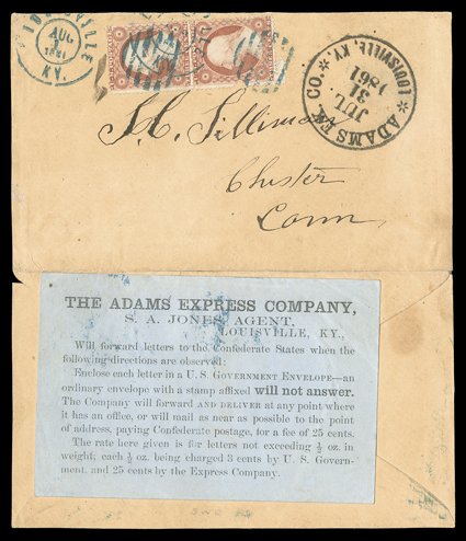 Adams Private Express Through-The-Lines, *Adams Ex. Co.*Louisville, Ky.Jul 31, 1861 perfectly struck bold handstamp on South to North thru-the-lines cover to Chester,
Connecticut originating in the Confederacy, entered the Union mails with