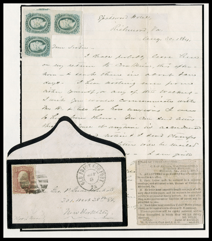 Flag of Truce, manuscript directive on small mourning cover to New York City with 3c Rose (65) tied by segmented cork cancel, entered the Union mails with double circle Old
Point Comfort, VaSep 3 datestamp, with original letter with three Con