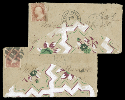 Per Flag of Truce, manuscript directive on two matching green, rose, and white on tan, floral design wallpaper covers from same correspondence used to Jackson, Missouri, the
first franked with 3c Dull red (26, damaged) which was not cancelle