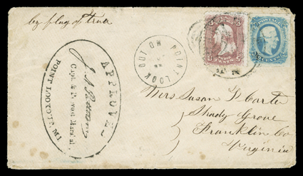 Federal Prison at Point Lookout, ApprovedJ.A. PattersonCapt. & Provost Marshal,Point Lookout, Md. beautifully struck large oval handstamp on cover to Shady Grove, Virginia,
with 3c Rose (65) tied by target cancel, matching Point Look Out, Md
