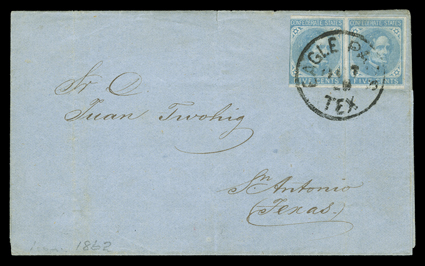 Confederate Trans-Rio Grande Route from Mexico, Eagle Pass, TexOct 28 mostly clear datestamp tying horizontal pair 5c Blue (7), large margins to in at left, to folded cover
that originated in Mexico, and was carried out of the mails across