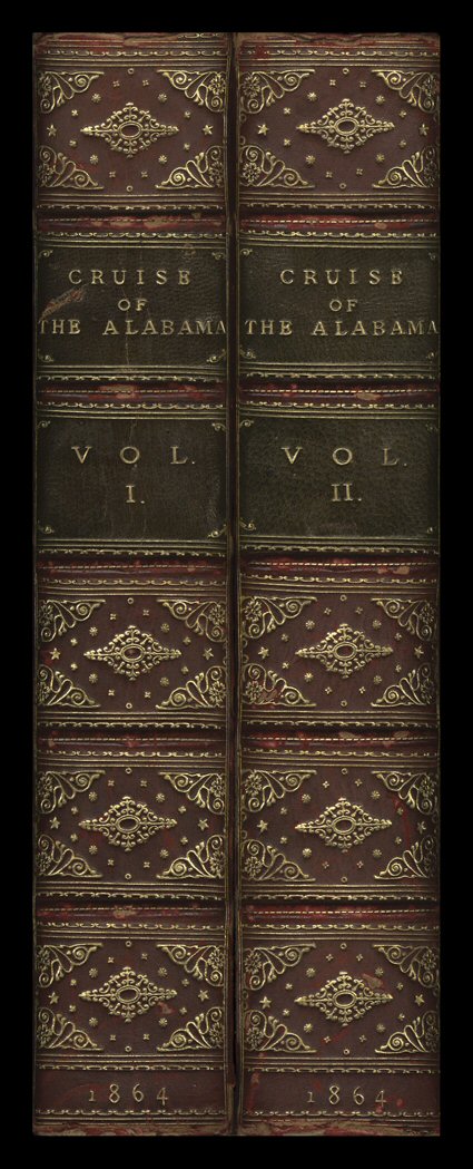 The Cruise of the Alabama and the Sumter Raphael Semmes. London, Saunders, Otley & Co., 1864 Second edition. 2 vols. 8vo, ½ red leather, marbled boards, gilt spines. Morrell
binding. Well rubbed edges with some board exposure, hinge wear but