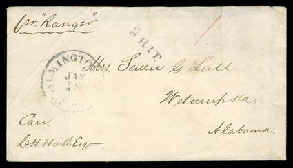 Blockade-run cover from Bermuda, to Wetumpsa, Alabama endorsed pr. Ranger at top left, entered the Confederate mails with Wilmington, N.C.Jan 18 (1864) datestamp, matching SHIP
handstamp and light manuscript 12 due for 10c regular postag