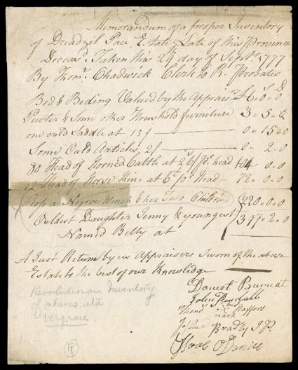 [Slavery, 1777] Early manuscript document signed by executors of the Dreadzil Pace Estate, Late of this Province Deceasd, Taken this 29th day of Sept 1777....One ould Saddle
... (etc.) ...Rose a Negro Wench & her Two Children, Ouldest Daughte
