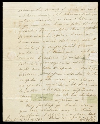 [Slave Trade, 1792] Autograph letter signed by W. Roscoe to Capt. William Lace of the ship Angola, Liverpool, July 12, 1792. He asks the slave trader to bring him plants and
seeds and continues: The Employment you are now interested with i