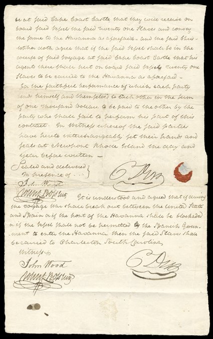 [Slave Trade Agreement, 1806] Choice manuscript agreement between merchant Christopher Dey, owners John Spooner and Benning Pickering, and master Joseph Stevens of the schooner
Commerce of Newport, February 20, 1806, in which the ship is to t