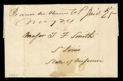 [The case of the slave Dred Scott], 1839 folded letter with integral address leaf from Joseph Rolette to Major J. F. Smith at St. Louis with manuscript Prairie du Chien W.T.May
25 postmark and matching Paid 25, stain at bottom center, very f