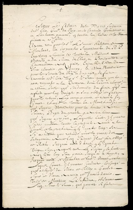 [Le Sueurs permit to trade with the Sioux, 1685] Le Sueur, Pierre-Charles, Historic early manuscript document signed Basset in French, on paper watermarked PB, June 5, 1685.
Joseph-Antoine Le Febvre de la Barre, seigneur of said region, K