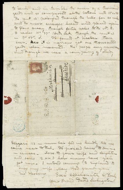 [Livingston describes his discovery of the Great Cataract of the Zambezi River known as Victoria Falls in November of 1855], four page folded letter with integral address leaf
signed David Livingston and datelined Tete or Nyungue, March 15, 18