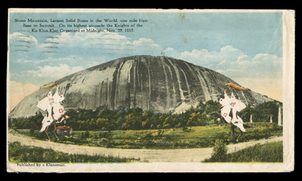 [Ku Klux Klan], cover with allover back illustration of Stone Mountain and two robed Clansmen with flaming tourches on horseback, front with Imperial Office, Invisible Empire,
Knights of the Ku Klux Klan, Atlanta, Ga imprint and 3c Violet (50