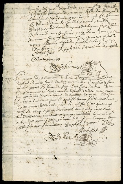 [Voyageurs Contract, 1688] Perrot, Nicolas Manuscript document, folio, 2 pages, signed at Villemarie, July 2, 1688 and endorsed on August 27, 1689, in French:Sr. Nicolas Perrot,
Seigneur of La Riviere du Loup, on one part and Raphael Beauvais