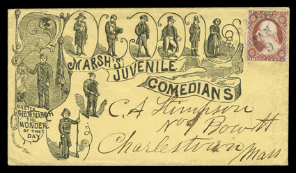 Marshs Juvenile Comedians, handsome allover design on yellow cover to Charlestown, Mass. with 3c Dull red (26, fault) tied by Buffalo, N.Y.Jan 9 datestamp, very
fine.