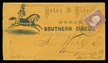 Orton & Olders Great Southern Circus, orange illustrated advertising cover to Paris, N.Y. with 3c Dull red (26, crease) tied by Tallahassee, Fla.Jan 6 datestamp, with 1858
letter enclosed, very fine.Hiram Orton, a former sailor on the Great