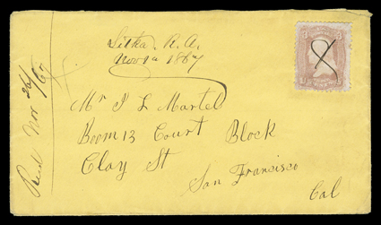 Sitka R(ussian) A(laska), November 8, 1867, manuscript postmark on yellow cover to San Francisco with 3c Rose (65, corner crease) cancelled by manuscript x, very fine the
earliest known postmark from Alaska, dated just three weeks after t
