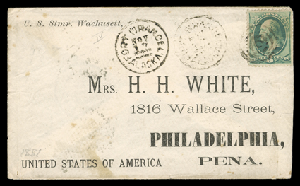 Fort Wrangel, AlaskaNov 17, partially clear datestamp on cover with preprinted address and U.S. Stmr. Wachusett endorsement to Philadelphia with 3c Green (184) tied by target
cancel, clear Fort Orange, AlaskaNov 17 transit postmark and Phi