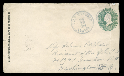 Fort Wrangel, Alaska, two covers and a card, first with double circle Fort Wrangle, AlaskaJun 13, 1883 Ty. 4 datestamp on 3c Green entire, then Fort Wrangel, AlaskaJan 25, 1889
Ty. 5 datestamp on cover with 2c Green (213), and picture post