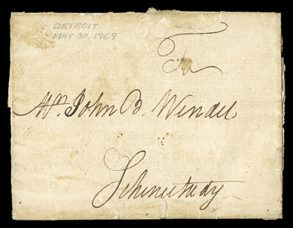 [Beaver pelts sent from Detroit, 1769] Exceptionally early autograph letter signed by Edward Mumford, Detroit, May 30, 1769, to John B. Wendel in Schenectady, NY. He sends with
the letter, which was carried from Detroit, five Packs of Peltry w