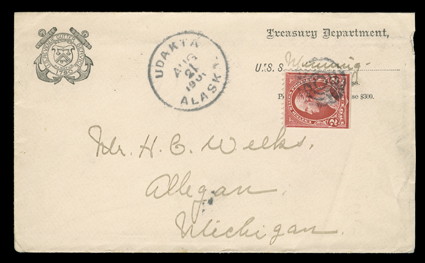 Udakta, AlaskaAug 21, 1901, clear datestamp on cover to Allegan, Michigan with 2c Red from a booklet pane (279Bj) tied by target, Treasury Department penalty imprint and
endorsed as having been carried by the U.S.S. Wyoming, San Francisco
