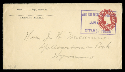 American Yukon Nav CompanyJun 14 1915Steamer Yukon, large violet boxed handstamp on 2c Carmine on amber entire (U412) to Yellowstone Park, Wyoming from Stephens Indian village,
which is located about 50 miles up river from Rampart, Alaska, ver