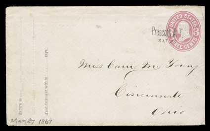 Prescott, Arizona Territory, well struck May 26 (1867) straightline postmark on 3c Pink entire (U34) to Cincinnati, Ohio, cover with tiny repair of top right corner well away
from the indicia, very fine and choice strike one of only ten reporte