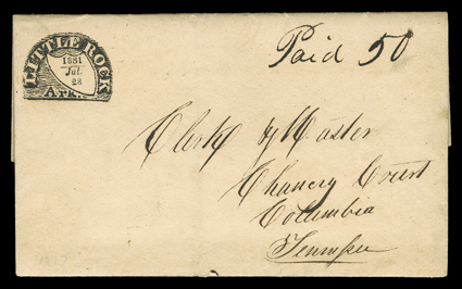 Little Rock, Ark., Jul. 28, 1831, incredibly well struck and highly detailed fancy shield in semi-circle territorial period postmark and manuscript Paid 50 on folded letter
with integral address leaf to Columbia, Tennessee, extremely fine one