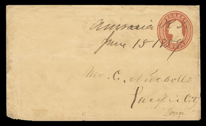 Auraria, Kansas Territory (Colorado), bold June 15 manuscript K.T. Kansas Territory period postmark on 3c Red on buff entire (U10) to Pacific City, Iowa, very fine the earliest
recorded postmark of Auraria and one of three known examples