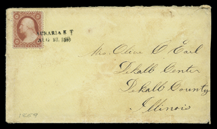 Auraria, Kansas Territory, well struck AUG 23, 1859 rare two-line postmark of this Colorado town, present day Denver, while in the Kansas Territory tying 3c Dull red (26) to
cover to Dekalb Center, Illinois with incomplete six page letter, cov