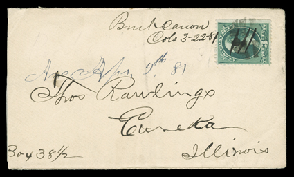Bent Canyon, Colorado, March 22, 1881 manuscript postmark tying 3c Green (184) to cover to Eureka, Illinois, West Las Animas, Col.Mar 23 transit and Eureka arrival backstamps,
slightly reduced at left, very fine Bent Canyon in Las Animas Cou
