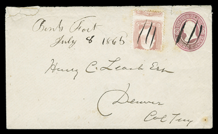 [Bents Fort, 1865], 3c Pink entire (U34) uprated with misperforated 3c Rose (65), both with manuscript stroke cancels and matching manuscript Bents FortJuly 8, 1865 Colorado
Territorial postmark used to Denver, trivial opening tear at top l
