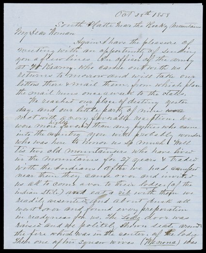 (Denver, Kansas Territory), South Platte near the Rocky Mountains Oct 28th 1858 dateline, present day Denver area, on four page letter of E.P. Pinkie Stout enclosed in buff
cover to Cherry Fork, Ohio, carried by private express to the Calif